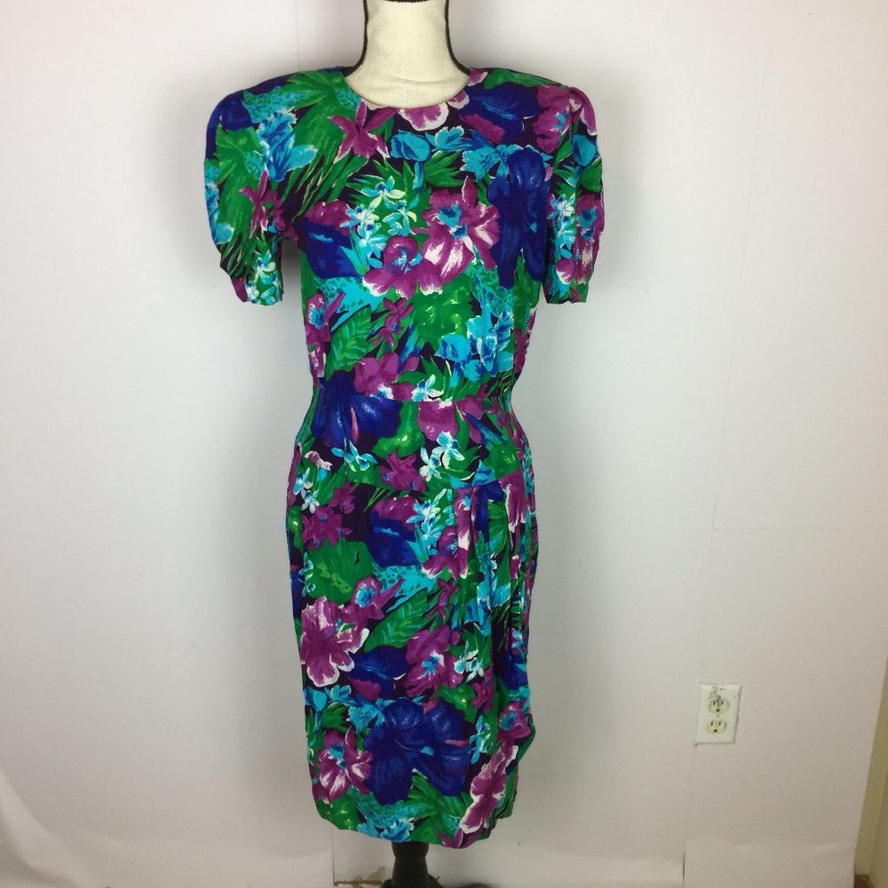 Vintage Jeffrey & Dara Dress Size 11/12 Womans Blue Purple Floral Short Sleeve